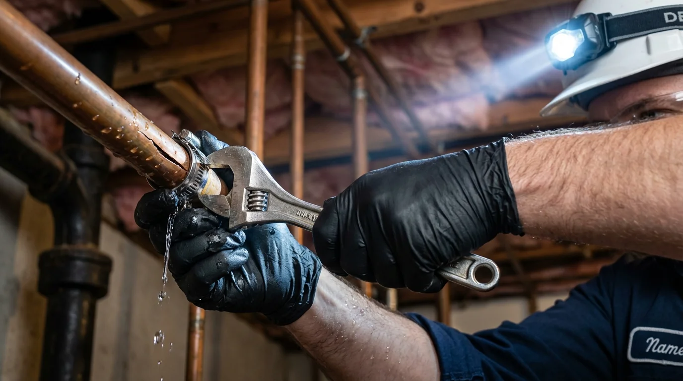Emergency pipe clamp repair being performed by a Johns Plumbing LLC plumber in Aurora