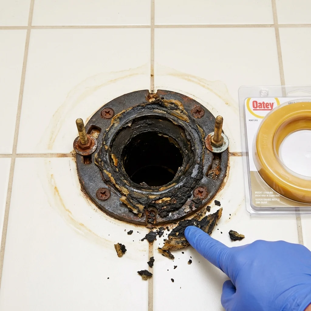 Failed wax ring showing water seepage at the base of a toilet in a Aurora, CO home