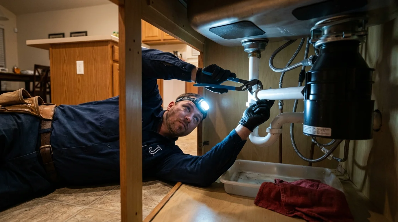 P-trap and supply line connections under a kitchen sink showing a common leak point in Aurora, CO